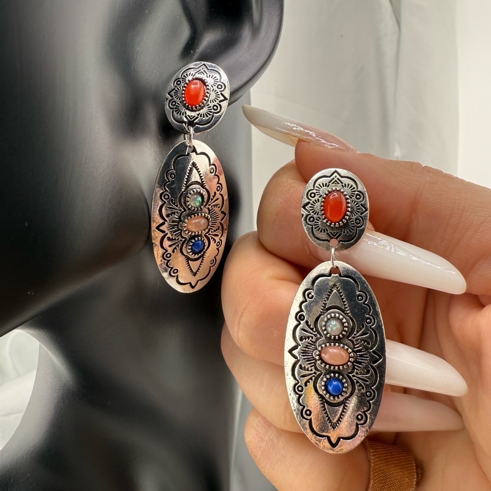 Bohemian vintage antique unique Silver and Multicolor Stone Earrings statements